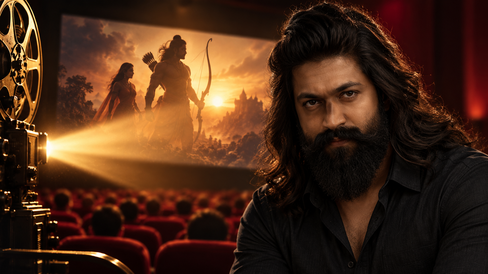Illustrative portrait montage of Yash with a cinema backdrop for Ramayana advance booking news